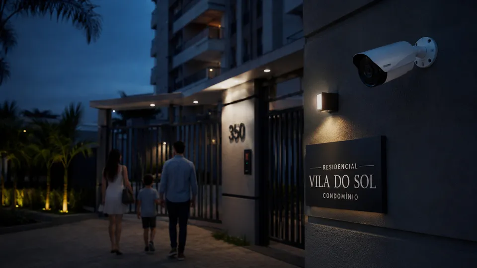 Câmera de segurança IP instalada na entrada de um condomínio