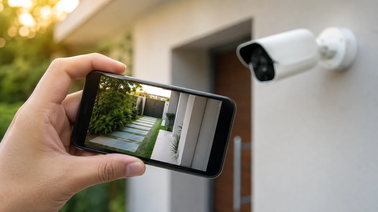 Mão segurando celular com aplicativo de câmera de segurança aberto, com câmera Wi-Fi instalada na parede ao fundo