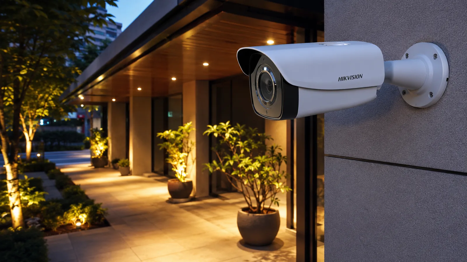 Câmera bullet Full Color Hikvision instalada em fachada iluminada à noite