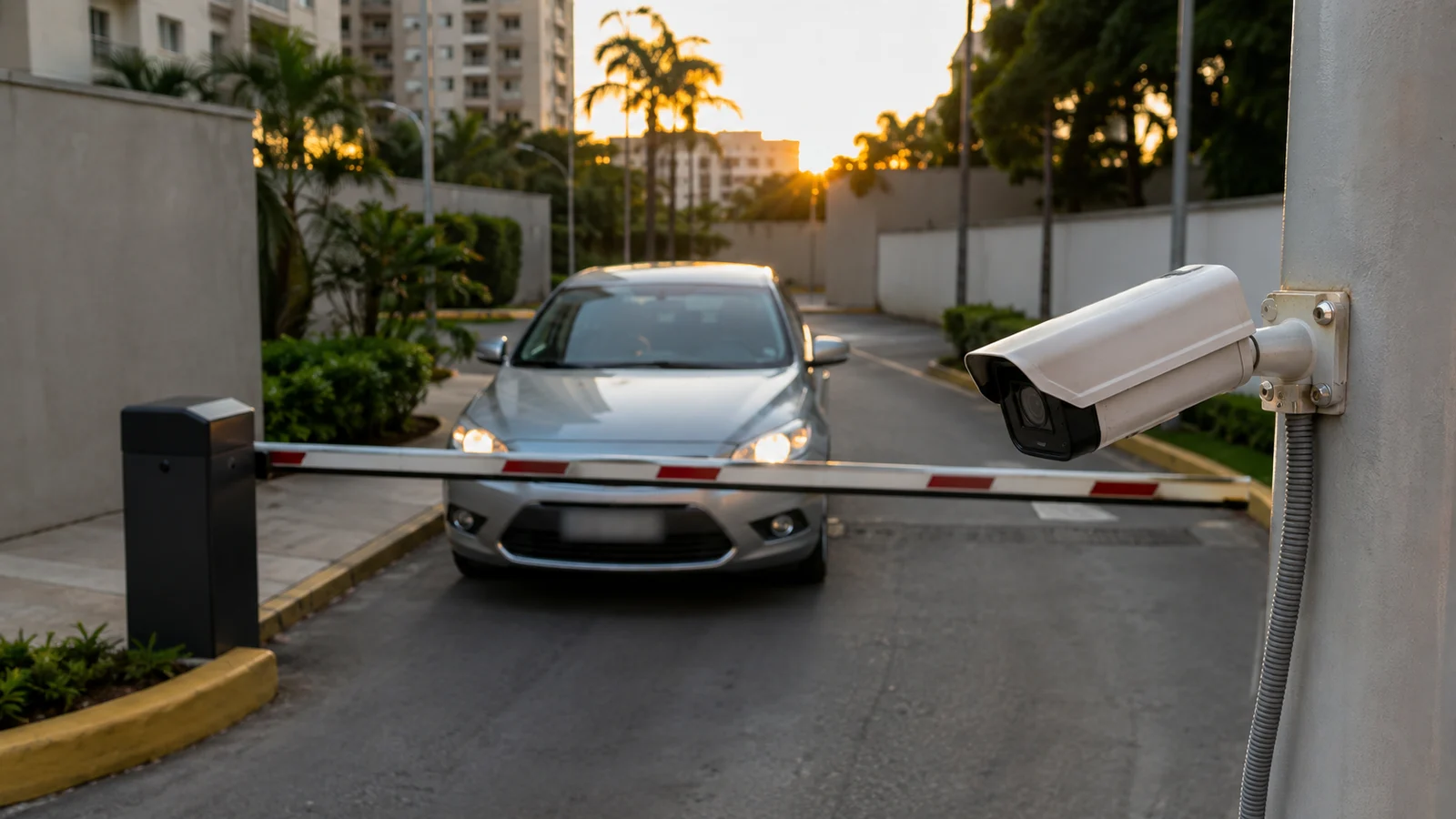 Câmera bullet instalada na lateral da entrada de veículos, apontada para a faixa onde um carro aguarda a abertura da cancela