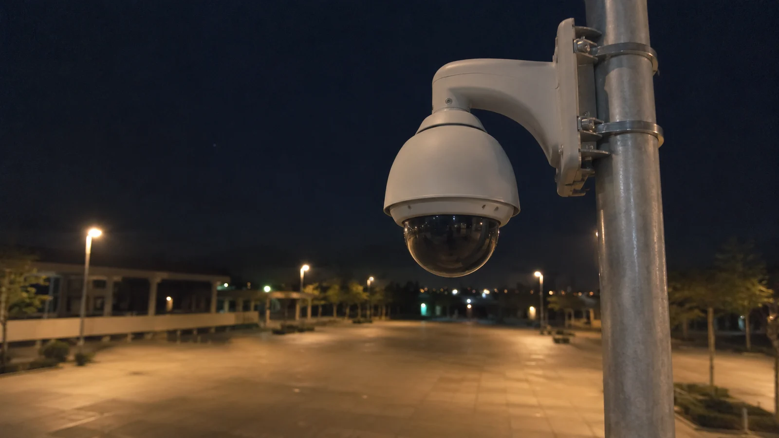 Câmera speed dome PTZ instalada em poste, girando para monitorar um pátio amplo à noite, com câmeras fixas desfocadas ao fundo
