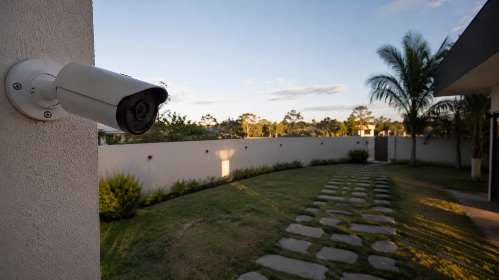 Câmera de segurança bullet instalada em coluna de alvenaria, com vista ampla de um pátio residencial ao fundo