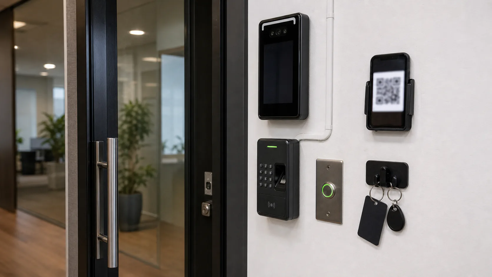 Comparativo de métodos de controle de acesso: leitor facial, biometria, cartão RFID, senha e QR Code instalados em uma porta