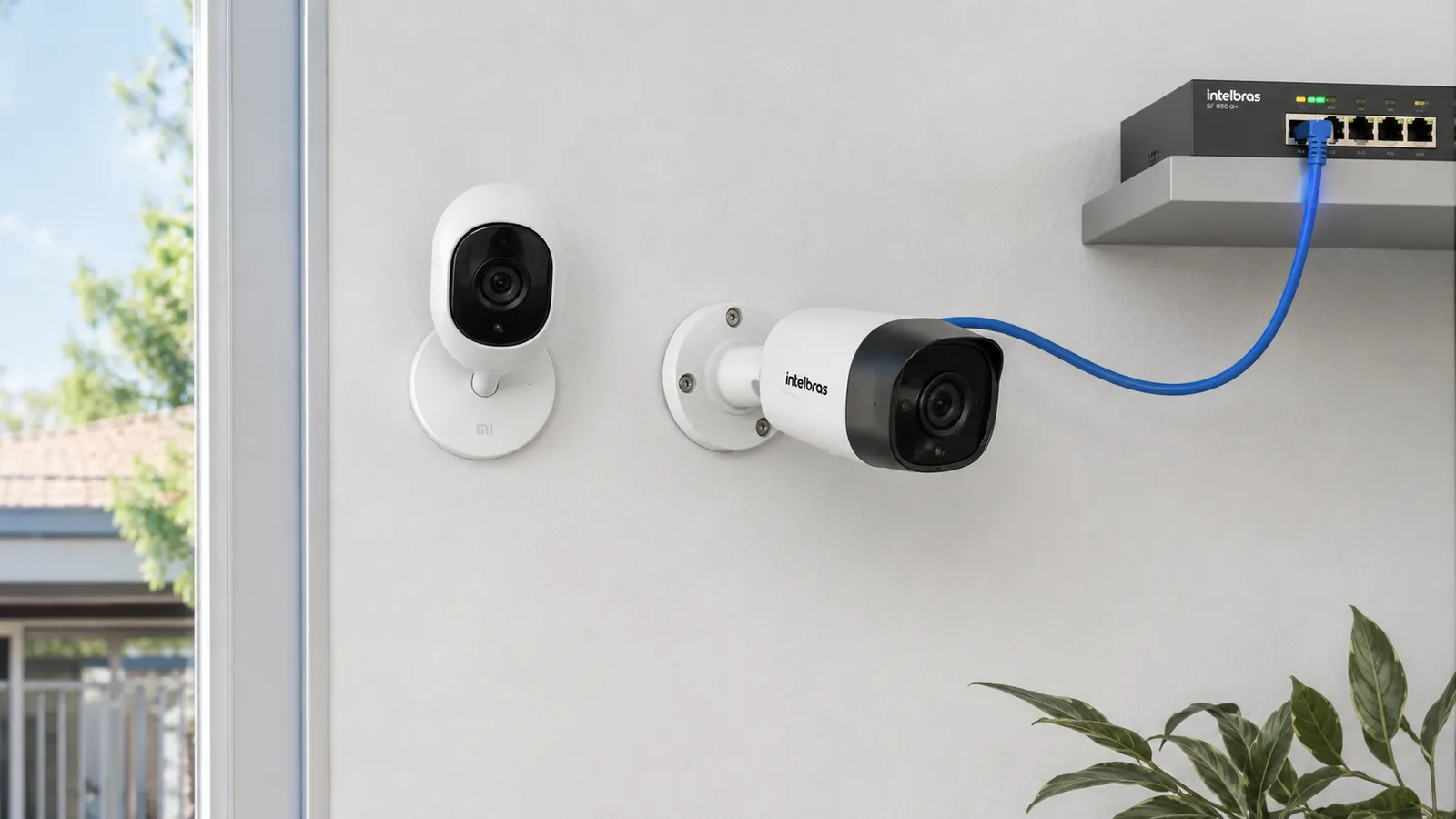 Câmera Wi-Fi e câmera cabeada instaladas lado a lado em uma parede