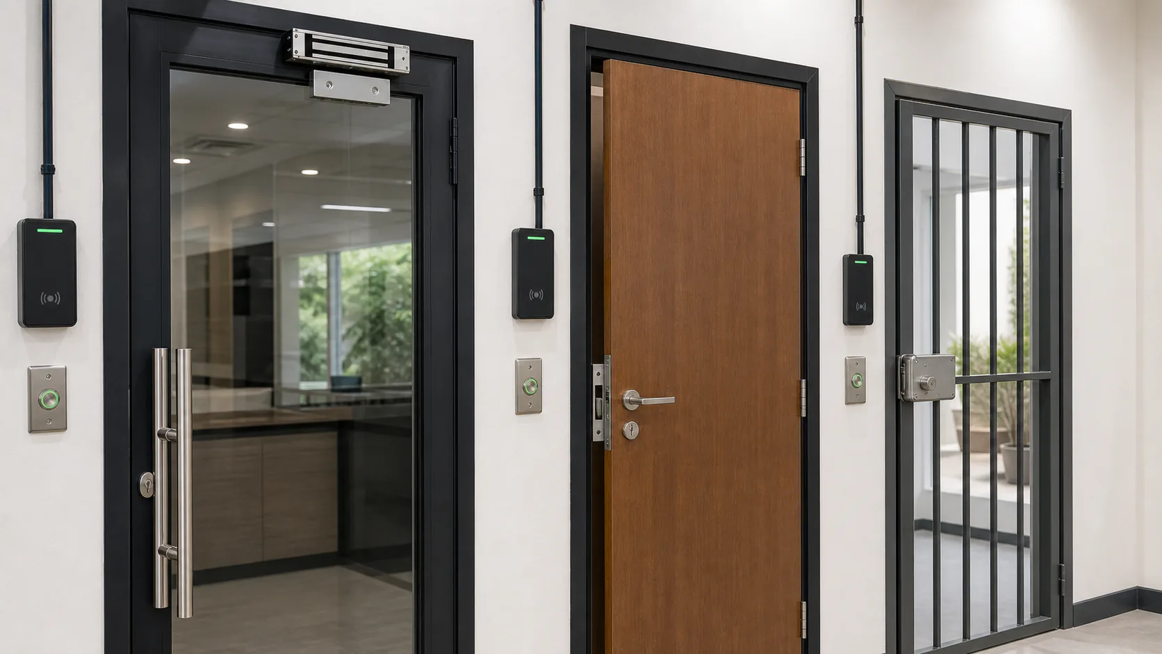 Comparativo de três portas com diferentes tipos de fechadura de controle de acesso