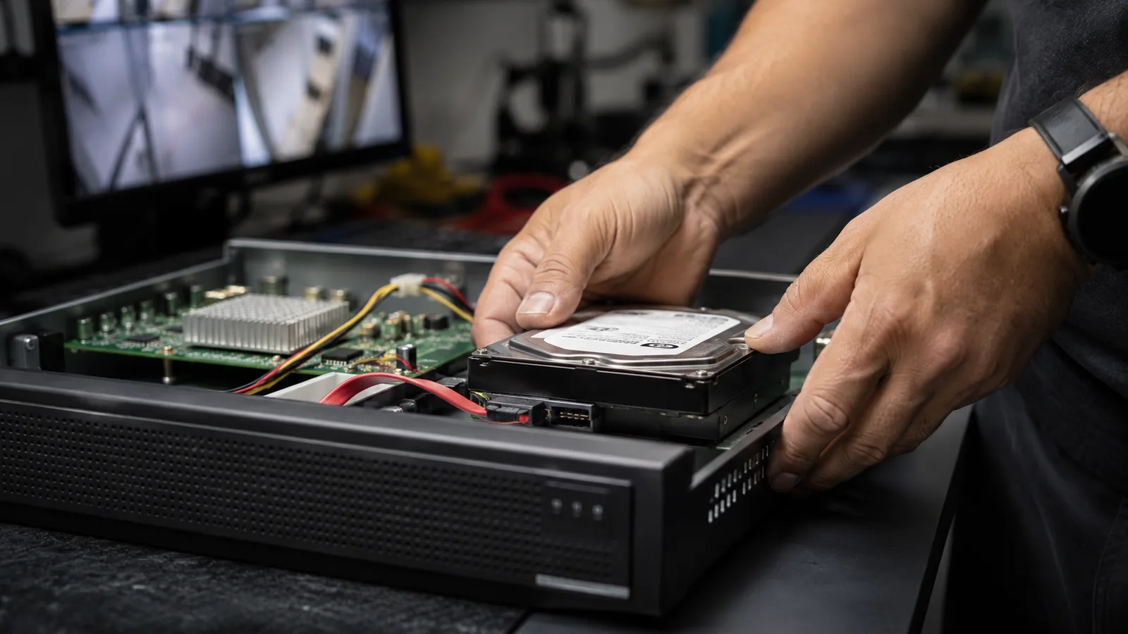 Técnico instalando um HD de 3,5 polegadas na baia interna de um DVR de CFTV aberto sobre a bancada