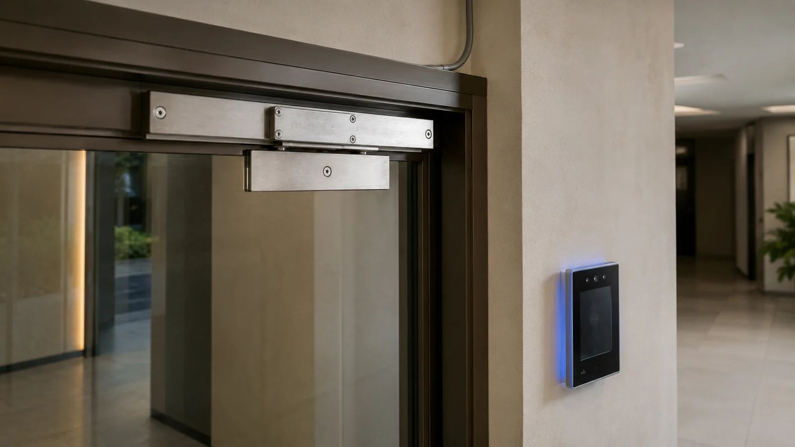 Fechadura eletroímã instalada em porta de vidro ao lado de leitor facial de controle de acesso
