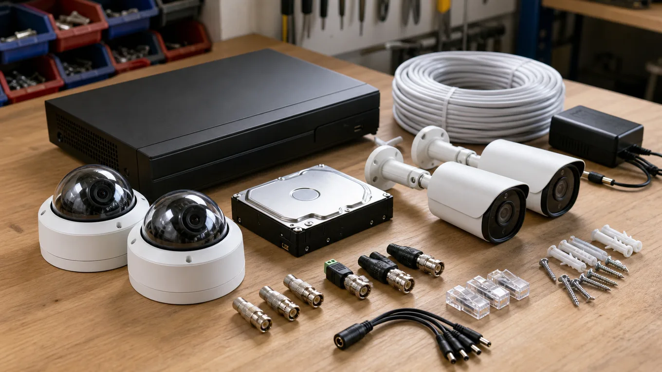 Kit CFTV completo em bancada técnica com HD, DVR, câmeras dome e bullet, cabos e conectores