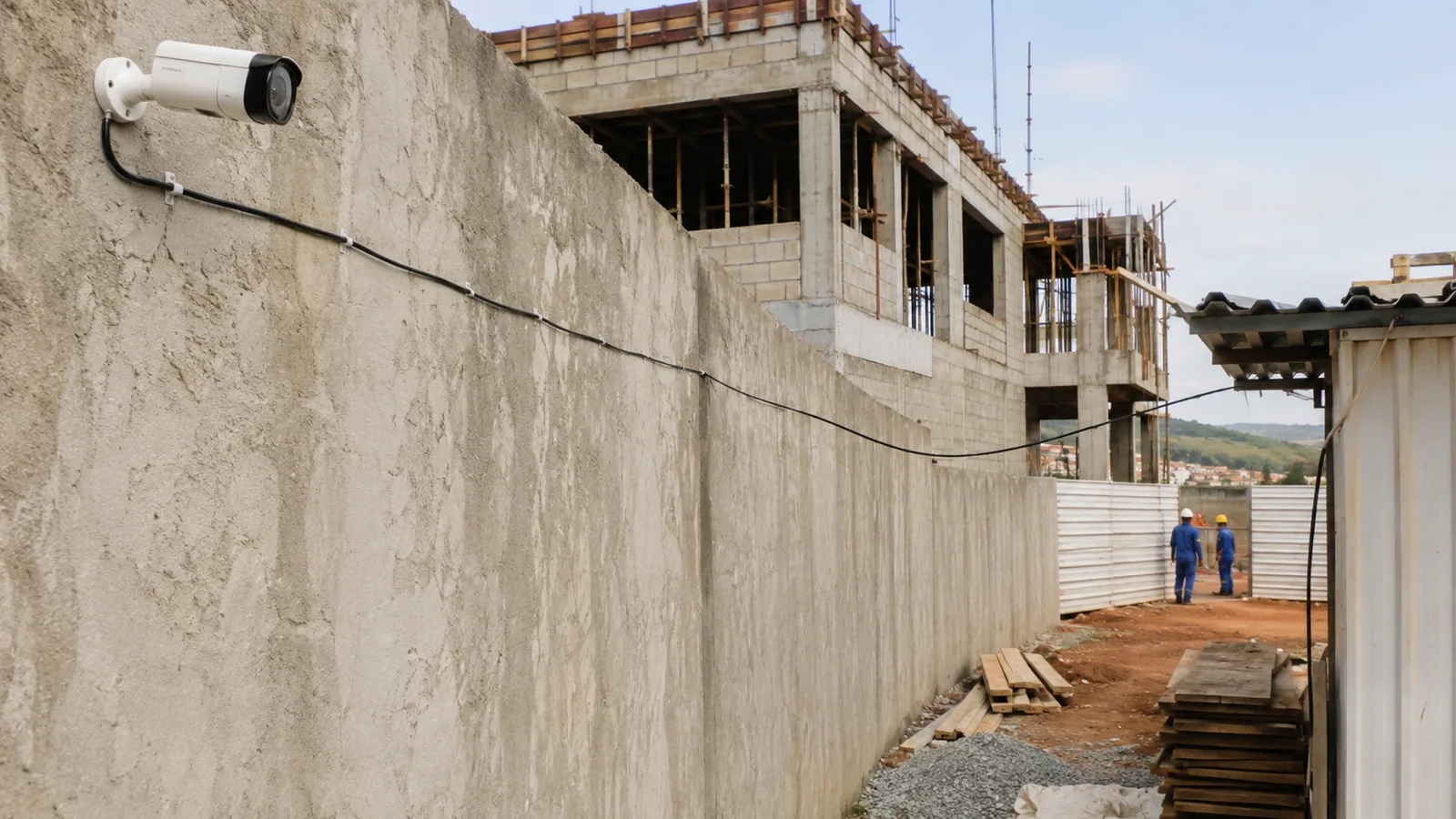 Câmera provisória fixada em muro com cabo aparente em canteiro de obras