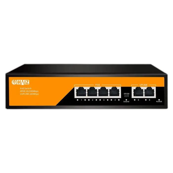 Switch PoE Haiz HZ-1006P-EA2 com 4 portas PoE e 2 uplink Fast Ethernet