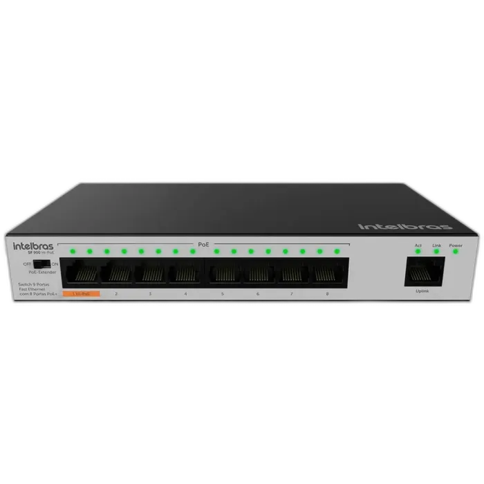 Switch Hi-PoE Intelbras SF 900 com 9 portas Fast Ethernet e LEDs de status em fundo branco