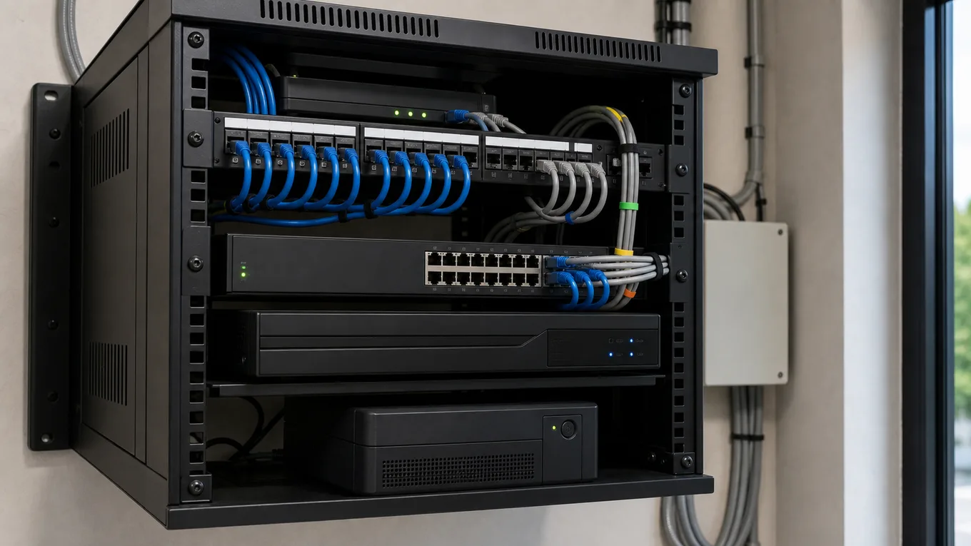 Rack com switch PoE e infraestrutura de rede para câmeras IP