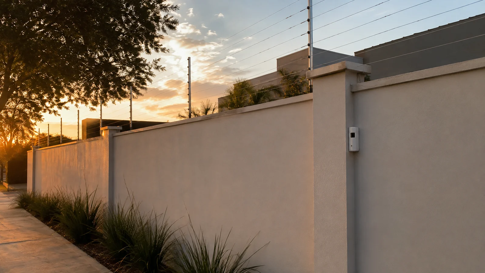 Muro residencial ao entardecer com hastes de cerca elétrica no topo e sensor de barreira infravermelho instalado na coluna
